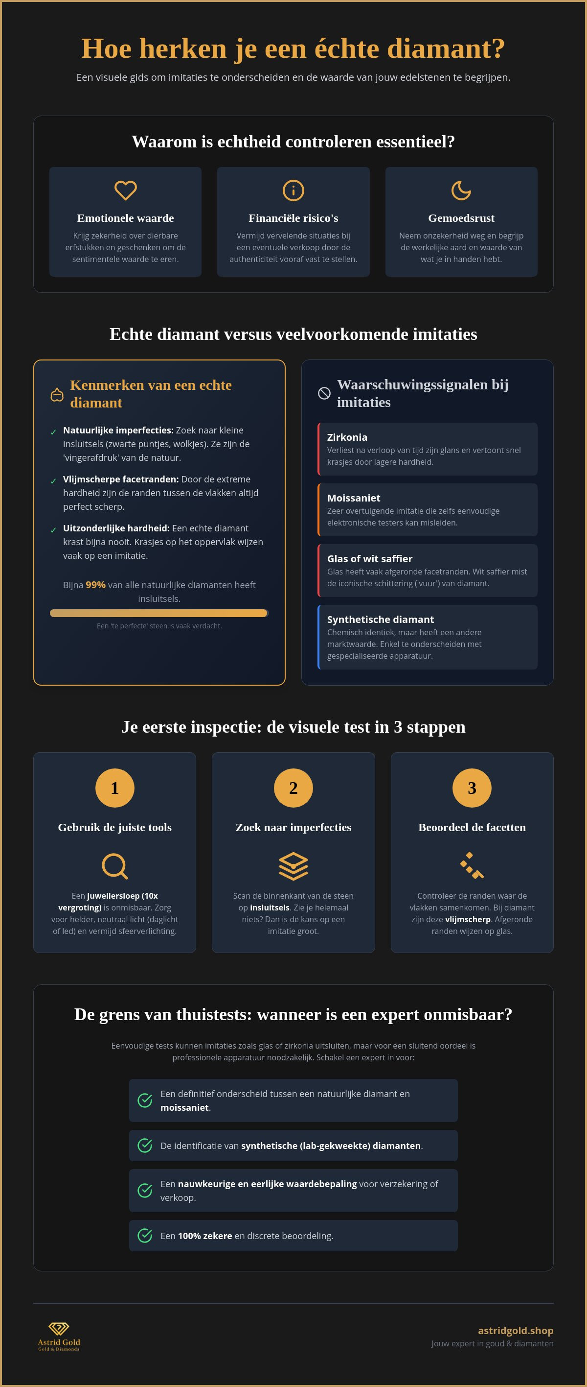 Infographic: Diamant echtheid controleren: zo herken je een echte edelsteen